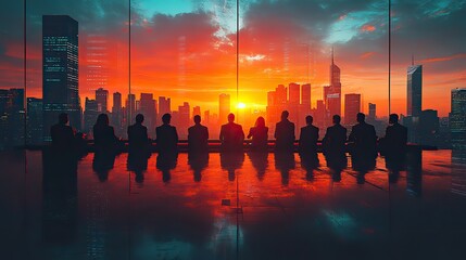 Poster - double exposure image of many business people conference group meeting on city office building in background showing partnership success of business deal concept of teamwork