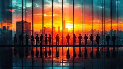 Poster - double exposure image of many business people conference group meeting on city office building in background showing partnership success of business deal concept of teamwork