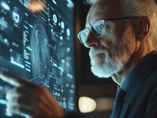 Poster - Elderly man analyzing digital data on touchscreen interface