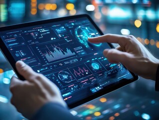 Poster - Hands interacting with a digital tablet displaying data