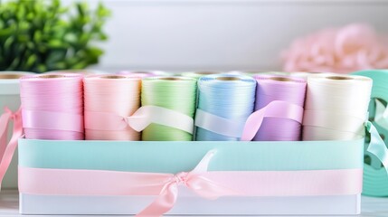 Wall Mural - Colorful Spools of Thread in Pastel Shades on a Decorative Box