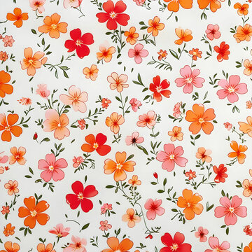A charming floral pattern featuring small orange, red, and pink flowers delicately arranged on a white background.