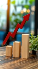 Poster - Wooden bar graph with red arrow in modern office