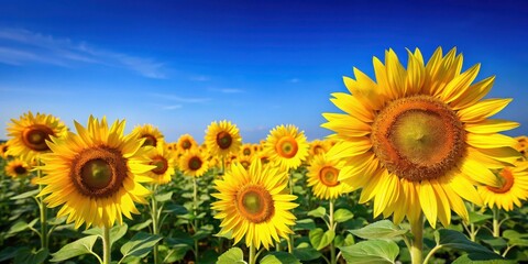 Wall Mural - Field of bright yellow sunflowers under a clear blue sky, sunflowers, blue sky, sunflowers, blue sky, farmland, landscape