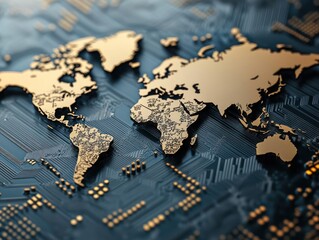 Poster - Golden World Map on Circuit Board Background