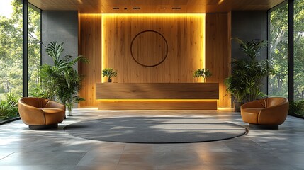 Poster - elegant wooden lobby,waiting area with wall space for company logo ideal for corporate branding mockup