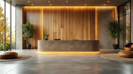 Poster - elegant wooden lobby,waiting area with wall space for company logo ideal for corporate branding mockup