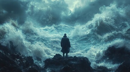 Poster - emotionally charged anime hd wallpaper solitary figure overlooking stormy sea man walking on the rocks