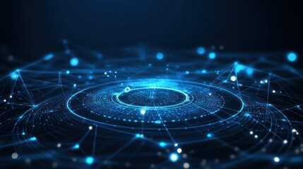 Poster - Abstract digital network background with glowing blue lines and circles, representing data flow and connectivity in a futuristic environment