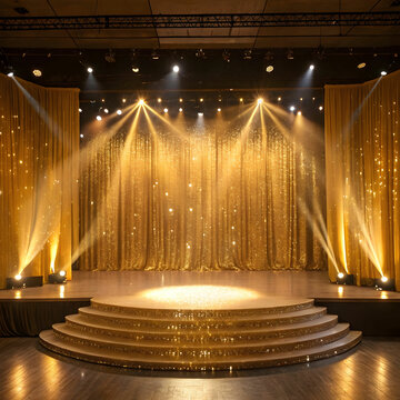 A luxurious golden stage background adorned with sparkling glitters and illuminated by vibrant spotlights.