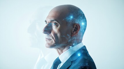 Poster - Businessman with Digital Overlay in Futuristic Setting