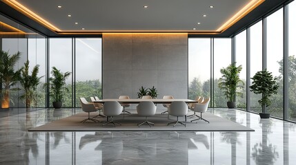 Poster - empty conference room with modern table,chairs featuring minimalist interior design,natural lighting