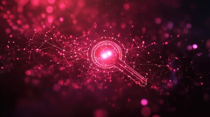 Poster - Abstract digital magnifying glass surrounded by vibrant pink and purple connections, symbolizing search and discovery in a technological landscape