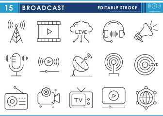 Fototapete - A set of line icons related to Broadcasting. TV, radio, network, live, news, broadcast, stream, podcast, announce, and so on. Vector editable stroke.