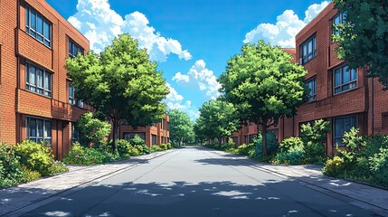 Poster - empty streets,buildings daytime scene in anime drawing aesthetic,calm