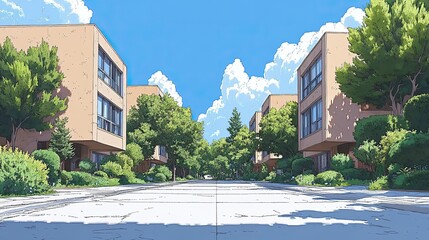 Poster - empty streets,buildings daytime scene in anime drawing aesthetic,calm
