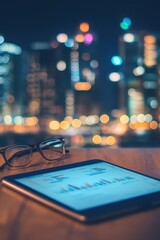 Poster - Nighttime cityscape with analytics on tablet screen