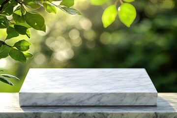 Poster - Marble display, garden backdrop, sunlight, product placement