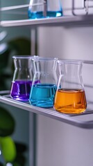 Poster - Colorful laboratory flasks with liquids on a shelf