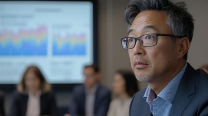 Poster - Business meeting with data presentation in background