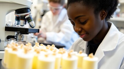 Poster - A focused scientist analyzing samples in a laboratory, with colleagues working on experiments in the background, showcasing teamwork in research