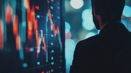 Poster - Businessman Analyzing Stock Market Trends at Night