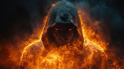 Poster - enigmatic hooded figure with hidden face in dark shadows dynamic male persona intense flames on black background high quality