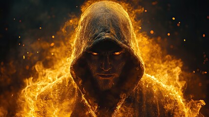 Poster - enigmatic hooded figure with hidden face in dark shadows dynamic male persona intense flames on black background high quality