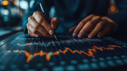 Poster - entrepreneur analyzing financial growth on graphs discussing stock market trends,trading strategies business insight concept