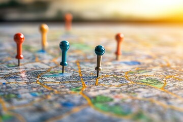 Poster - Colorful map pins marking locations on a city map
