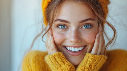 Poster - excited cute woman with amazed facial expressions keep hands near face dressed in casual clothes model against white wall photo of joyful female spreads palms has happy expression