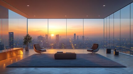 Poster - expansive panoramic view of a modern corporate office interior high above the cityscape in a prestigious downtown skyscraper