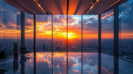 Poster - expansive panoramic view of a modern corporate office interior high above the cityscape in a prestigious downtown skyscraper