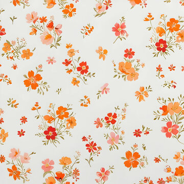 A charming floral pattern featuring small orange, red, and pink flowers delicately arranged on a white background.
