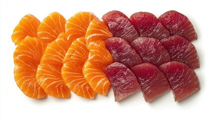 Wall Mural - A fresh, vibrant selection of tuna and salmon sashimi slices arranged symmetrically on a white background, perfect for a fine dining setting