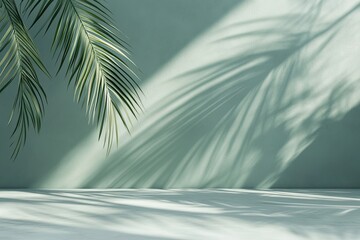 Wall Mural - Palm shadows on green wall, empty floor, sunlight, product display