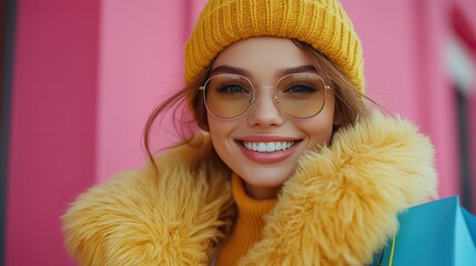 Poster - fashionable young woman in fluffy jacket sunglasses,blue hat holding numerous shopping bags excited by incredible sales abroad isolated against pink background