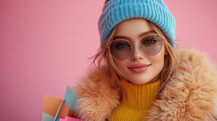 Poster - fashionable young woman in fluffy jacket sunglasses,blue hat holding numerous shopping bags excited by incredible sales abroad isolated against pink background