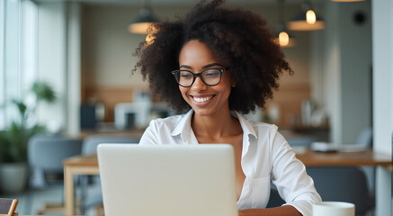 Wall Mural - Busy young business woman executive using laptop in office. Smiling African businesswoman company employee sitting at work desk, professional female hr manager looking at pc computer at workplace