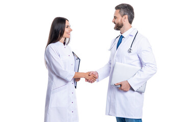 Wall Mural - doctor and nurse medical worker in hospital provide medicine and healthcare, handshake