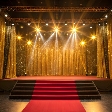 A luxurious golden stage background adorned with sparkling glitters and illuminated by vibrant spotlights.