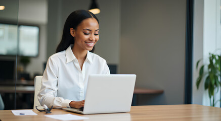 Wall Mural - Busy young business woman executive using laptop in office. Smiling African businesswoman company employee sitting at work desk, professional female hr manager looking at pc computer at workplace