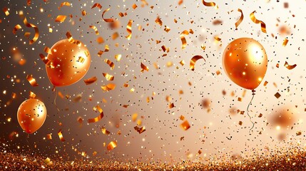 Poster - festive vector illustration of a happy birthday celebration with gold,orange balloons confetti,ribbons perfect for party invitations greeting cards,event design templates