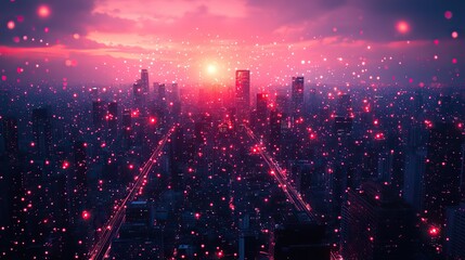 Poster - fiber optic light strands connecting high rise buildings illustrating modern digital communication,fast data transfer in an urban cityscape