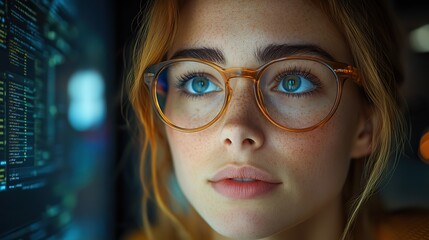 Poster - financial analyst in eyewear analyzing complex data on computer monitor n professional woman in finance sector