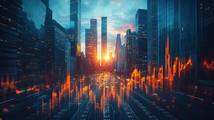 Poster - financial growth,real estate investment concept with stock market charts,data overlaid on modern city skyscrapers double exposure