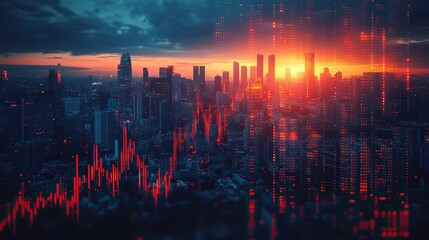 Poster - financial growth,urban development candlestick chart overlay with stock market indicators,metropolitan skyline a conceptual representation of trading investment,economic progress