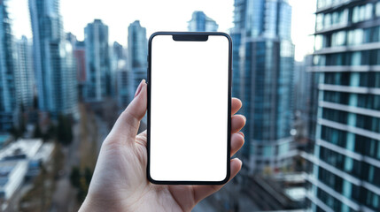 Wall Mural - Close-up of a woman holding a cell phone with an empty white screen in her hand. A phone mockup for the presentation of a city mobile application. The urban landscape in the background