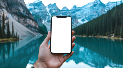 Wall Mural - Lake Moraine in Canada. A phone mockup for the presentation of a mobile application about tours to the most beautiful places on the planet. A man is holding a phone with an empty white screen