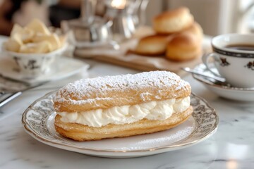 Wall Mural - Delicious cream puff covered with powdered sugar sitting on elegant plate